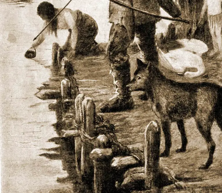 Illustration som visar en hund tillsammans med en grupp forntidsmänniskor