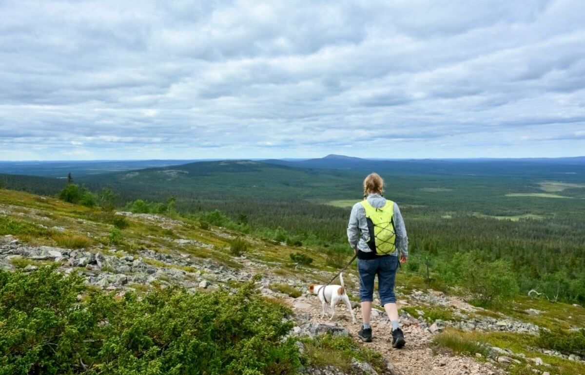 Kvinna som vandrar med en av alla bra hundraser för löpning